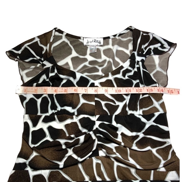 JOSEPH RIBKOFF Cap Sleeve Sheath Midi Dress Brown Animal Print Rusched Waist 4 - Picture 5 of 9